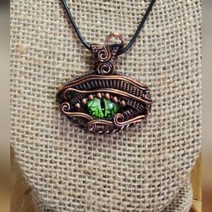 Handcrafted Copper Wire Wrapped Green Glass Pendant Necklace - Women Jewelry